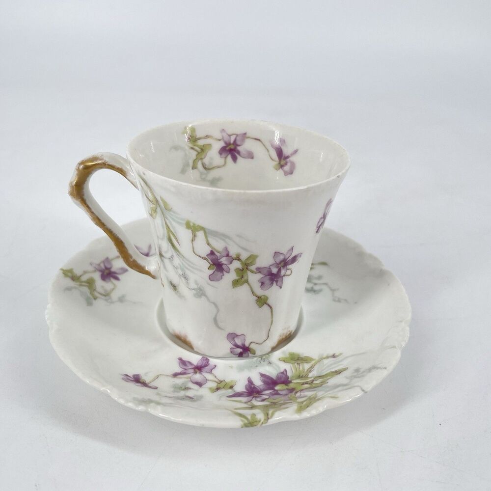 Theodore Haviland Limoges Cup & Saucer Purple Floral Hairline Crack